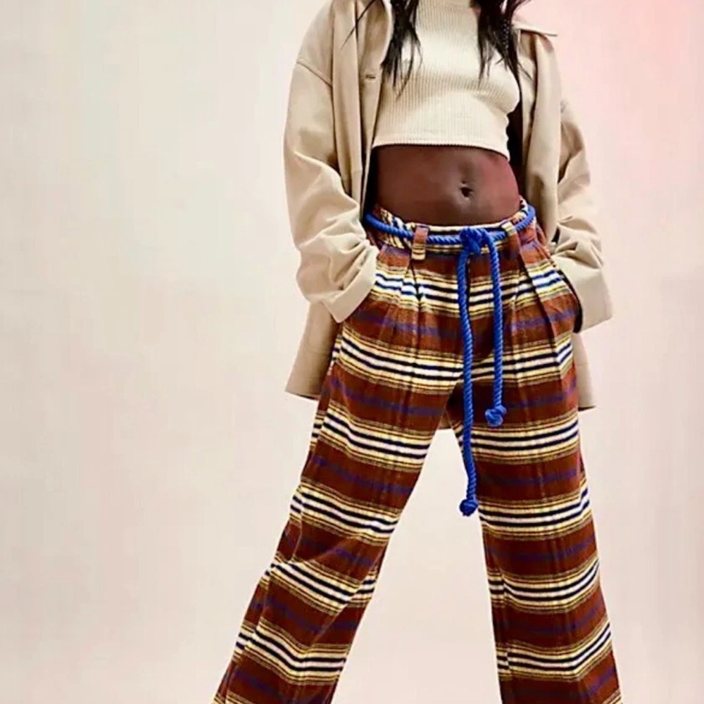 Free People Preppy Plaid Pull On Trousers Pants Flannel Tie Brown Blue S NEW - Picture 2 of 8